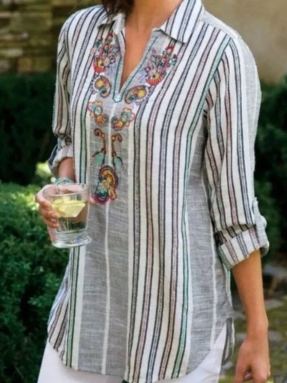 Soft Surroundings Embroidered Striped Cotton Tunic Top Coastal Grandmother